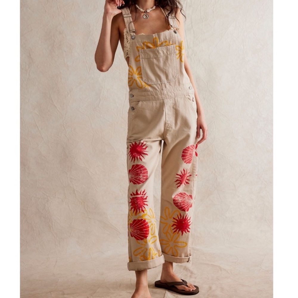 Free People Tan Overalls with Red and Yellow Floral Design - Picture 3 of 7